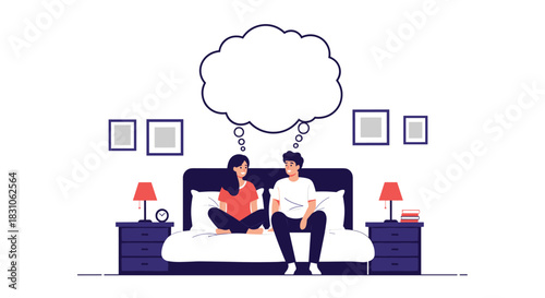 Happy couple sitting on a bed with an empty thought bubble above their heads symbolizing shared dreams or communication.