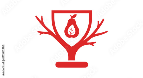 Red stylized tree with shield protecting a pear fruit and leaf logo design concept