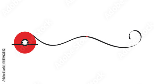 Minimalist Red Tape Reel with Wavy Black Line and Elegant Curl Graphic Design Abstract Vector