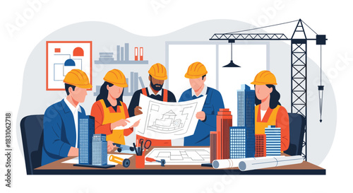 Diverse team of architects and engineers collaborating on construction blueprints and building models in an office setting.