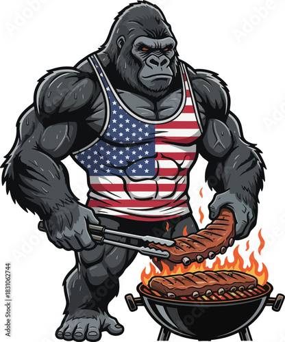 Muscular Gorilla Grilling Ribs with American Flag Tank Top and Serious Expression for Holiday Celebration