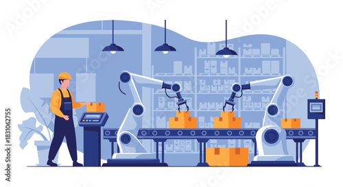 Factory worker supervising robotic arms on an automated assembly line packaging boxes in a modern industrial warehouse.