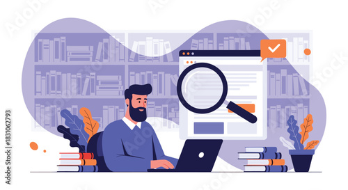 Man conducting research and learning on a laptop with a magnifying glass icon in front of a bookshelf background.