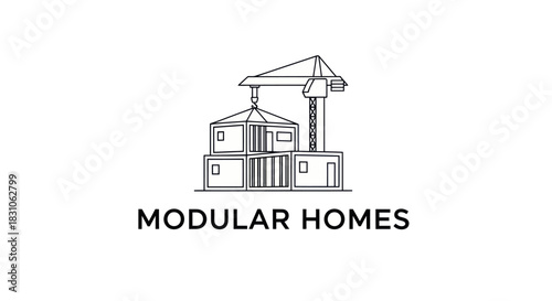 Line art illustration of modular home construction with crane building prefabricated housing units