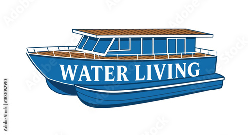 Blue Houseboat Pontoon Boat Illustration for Water Living and Leisure Activities Vector Graphic