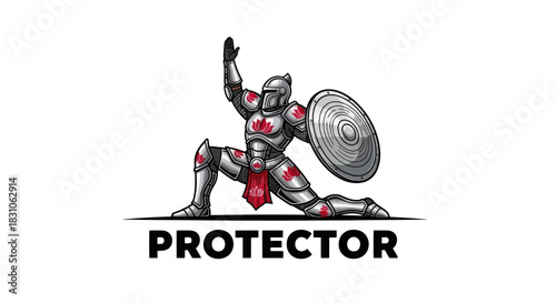 Armored Knight with Shield and Lotus Emblems in Dynamic Protector Pose Illustration Art