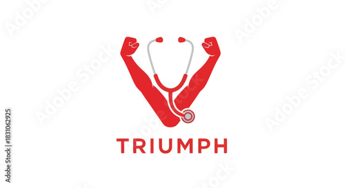 Dynamic Medical Logo Design with Flexed Arms and Stethoscope Symbolizing Health Triumph