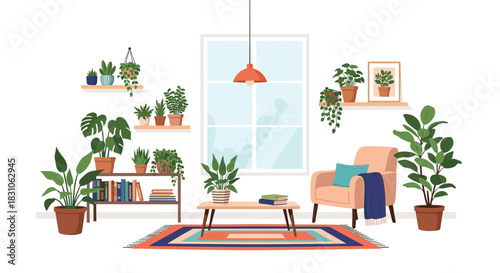 Inviting and cozy living room interior filled with various houseplants a comfortable armchair and a large window.