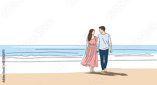 Happy couple walking hand-in-hand barefoot along a serene sandy beach beside the calm blue ocean.