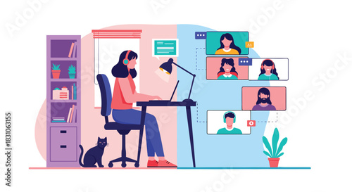Woman working from home on a laptop participating in a video conference with colleagues while her cat rests beside her.