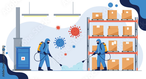 Two workers in hazmat suits spraying disinfectant to combat viruses in a warehouse environment illustrating sanitization.