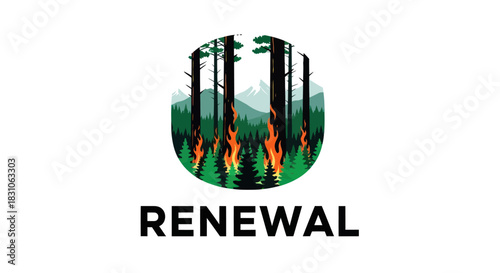 Vector illustration of a forest fire within an oval frame symbolizing ecological renewal and