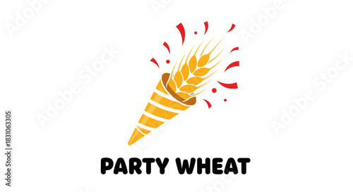 Celebratory wheat grain illustration bursting from a festive party popper cone design