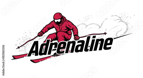 Dynamic Red Skier Illustration with Adrenaline Text Embodying Speed and Winter Thrill
