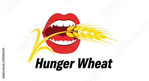 Vibrant red mouth with white teeth biting golden wheat ear logo design depicting natural food