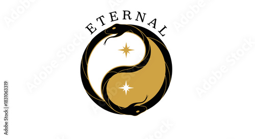 Elegant Golden Black White Yin Yang Snake Logo Symbolizing Eternal Balance and Harmony