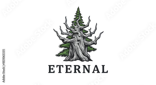 Ancient Gnarled Tree and Pine Logo Symbolizing Endurance and Natural Heritage Design