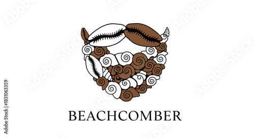 Artistic seashell crest design featuring diverse marine shells for beach and ocean themes