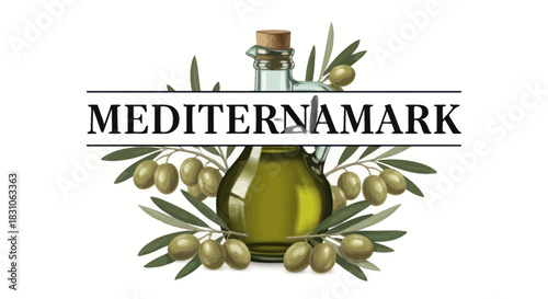 Elegant Mediterranean Olive Oil Bottle and Fresh Olives Illustration with Brand Name