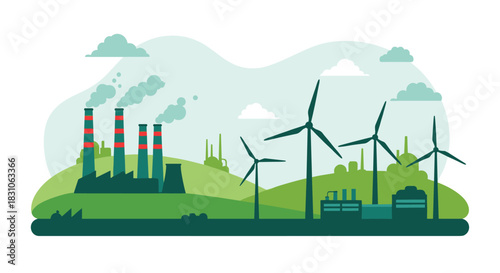 Contrasting landscape showcasing polluting factories alongside clean wind turbines representing industrial development and renewable energy.