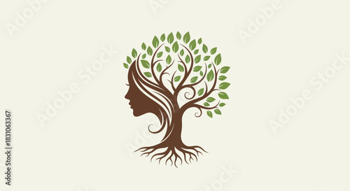 Elegant Woman Profile Merged with a Vibrant Green Tree Symbol of Nature Beauty and Organic Growth