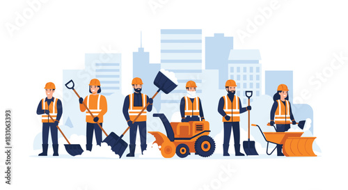 Diverse team of snow removal workers equipped with shovels and a snow plow clearing streets in a city.