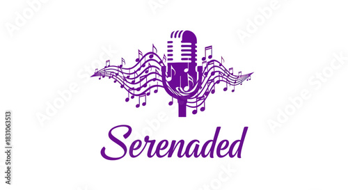 Vibrant purple microphone with flowing musical notes and 'Serenaded' text on white background