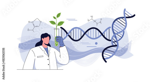 Female scientist researching plant genetics holding a test tube with a green plant against a DNA helix background.