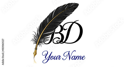 Elegant feather quill pen with stylish calligraphic initials and customizable text design template