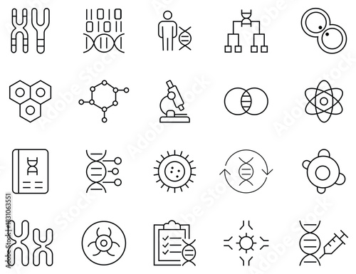 Collation of genetics icons in line style. Vector collections  genetic modification, bacteria, DNA, chromosomes,  experiments and more. Genetics icons cellular structures. Vector illustration. 