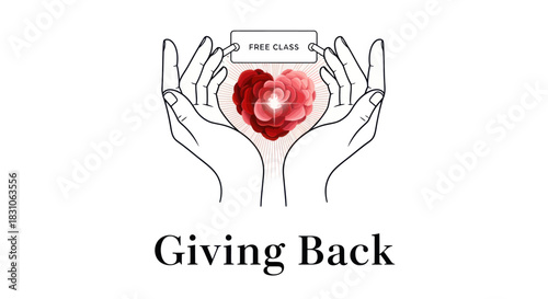 Stylized hands gently holding a blooming red floral heart with free class label