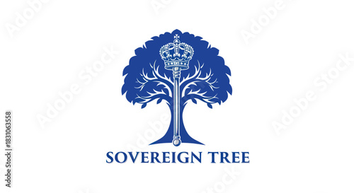 Elegant Blue Tree Emblem with Royal Crown and Scepter Symbolizing Strength and Growth