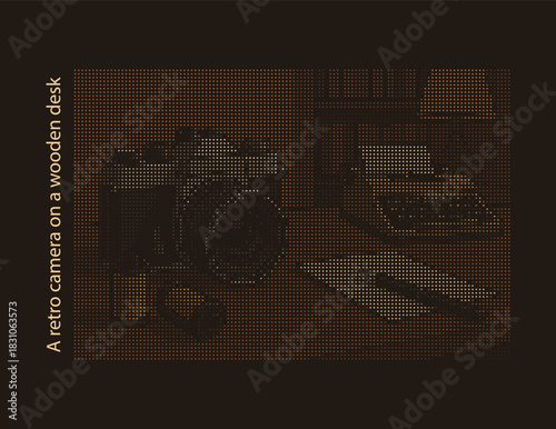 Retro Camera Dot Matrix Stipple Halftone Art on Dark Wooden Desk Background - Vintage Photography Digital Print