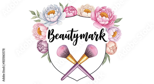 Elegant Watercolor Peony Wreath and Crossed Makeup Brushes for Beauty Brand Design