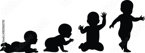 Baby silhouettes, child development stages, crawling, sitting, standing, walking, first steps sequence, growth, infants, toddlers, kids, parenting, vector, outline, outlines, illustration set