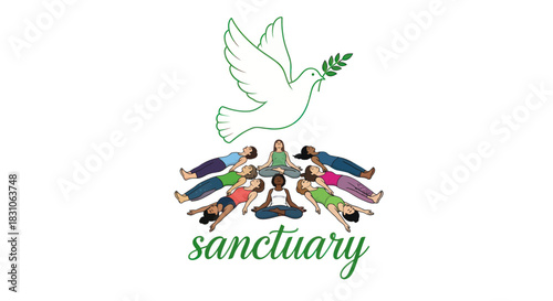 Peace Dove Flying Over Diverse Women Meditating for Wellness and Inner Sanctuary and Harmony
