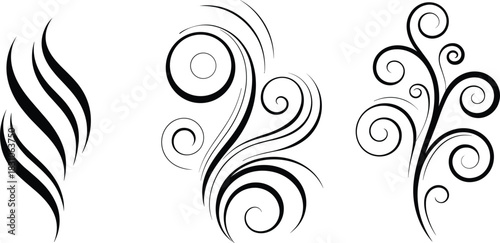 Black tribal swirl vector abstract, flame shape spiral ornament, tattoo art design elements, grunge curves decorative logo assets, modern packWeb