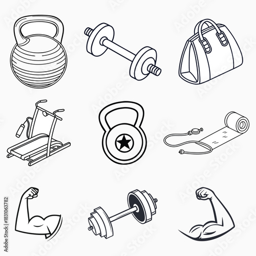 Doodle Sketch Collection: Dumbbells, Kettlebells, Treadmill and Muscles