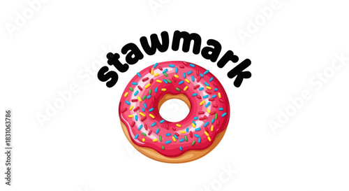 Delicious pink frosted donut with colorful sprinkles and stawmark brand text vector illustration