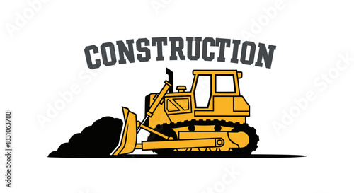 Vibrant yellow construction bulldozer pushing earth with bold 'Construction' text design
