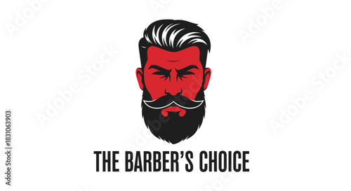 Stylish barber man logo illustration with bold red face and classic black beard and mustache design