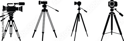Camera tripod silhouettes, video equipment icons, DSLR, mirrorless, compact camera, professional gear, photography setup, black vector, studio tools