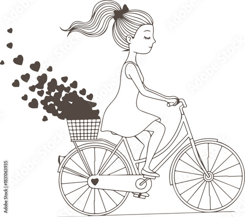 Girl riding a bicycle with hearts trailing behind vector Illustration