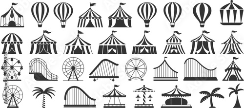Carnival icons, amusement park silhouettes, circus tent vector, Ferris wheel clipart, roller coaster graphic, swing ride, carousel, hot air balloon