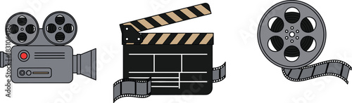 Cinema Asset Icons Set, Film Reel, Clapper Board Slate, Vintage Movie Camera, Director Tools, Creative Filmmaking Symbols for UI, Poster, Branding Design Mockup