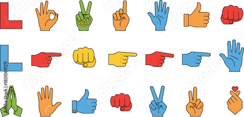 Colorful Hand Gesture Icons Set, OK Sign, Peace Fingers, Pointing Hands, Fist, Thumb Up, Feedback Symbols, Social UI Doodle Clipart for Communication Design
