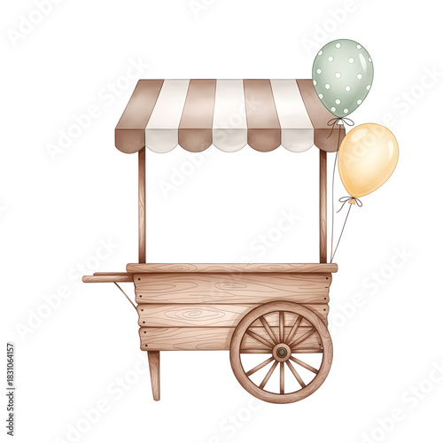 Wooden Vendor Cart Balloons Brown Striped Awning Isolated On Transparent Background