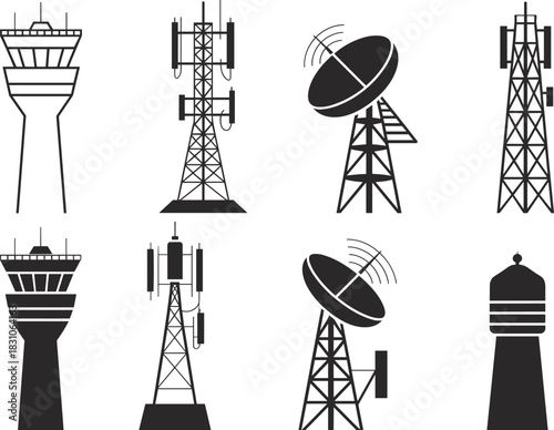 tower, antenna, satellite, radio, control, air, traffic, dish, cellular, beacon, communication, broadcast, silhouette, vector, icon, radio tower, satellite dish, control tower, cellular antenna
