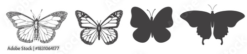 Butterfly Engraving Silhouette Line Art Vector Set, Monarch Moth Collection