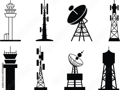 tower, antenna, satellite, radio, control, air, traffic, dish, cellular, water, communication, broadcast, silhouette, vector, icon